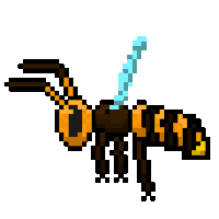 a pixel art of a wasp with a blue wing