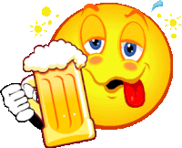 a cartoon smiley face holds a mug of beer