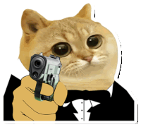 a cat is wearing a tuxedo and pointing a gun