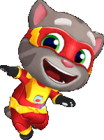 a cartoon cat in a red and yellow superhero costume