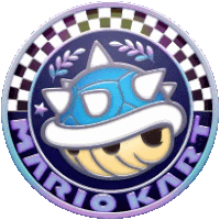 a logo for mario kart with a blue shell on top