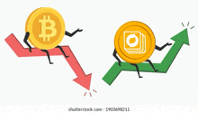 a cartoon illustration of a bitcoin going up and down