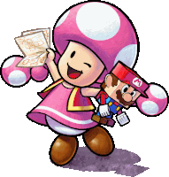 a cartoon of a toad holding a mario doll