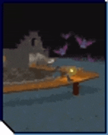 a computer generated image of a dock with a candle and butterflies flying in the background .