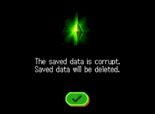 a screenshot of a video game that says the saved data is corrupt