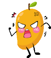 a cartoon illustration of a mango with arms and legs making an angry face