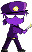 a purple police officer is holding a knife and a lighter