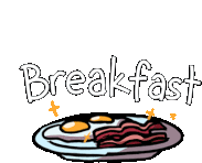 a cartoon drawing of eggs and bacon on a plate with the word breakfast below it