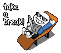 a cartoon of sans laying in a chair reading a newspaper with the words take a break below him