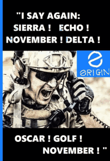 a poster that says ' i say again sierra echo november delta oscar golf november ' on it