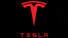 a red tesla logo with the word tesla below it