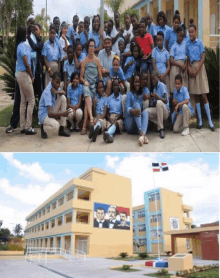 a group of people posing in front of a building