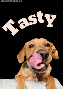 a dog with its tongue out and the word tasty on it