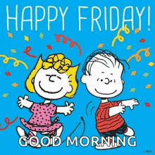 a cartoon of snoopy and lucy dancing with the words happy friday good morning