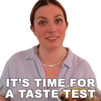 a woman holding a plate of food with the words " it 's time for a taste test " below her