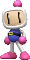 a cartoon character wearing a blue and white outfit with a belt and pink gloves