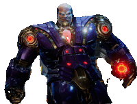 a purple and gold robot with red lights on his arm