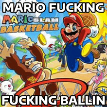 a poster for mario slam basketball with donkey kong and princess peach on it