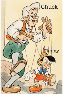 a cartoon drawing of chuck and jimmy playing with a puppet