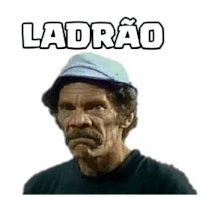 a man with a hat and a mustache is wearing a sticker with the word ladrao .