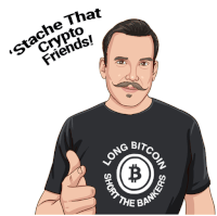 a man with a mustache is wearing a long bitcoin shirt