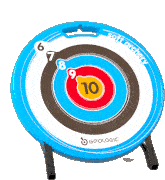 a blue and white soft archery target with a bow in the center