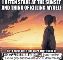 a girl stands in front of a sunset with a caption that says i often stare at the sunset and think of killing