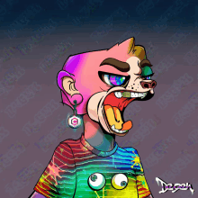 a drawing of a person with a rainbow shirt and the name dagon