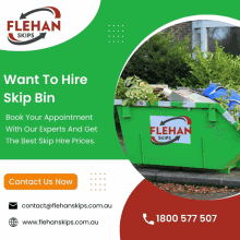 an advertisement for flehan skips with a picture of a green dumpster