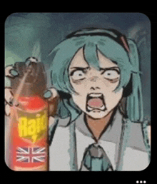 a girl with headphones is holding a bottle of rat killer .