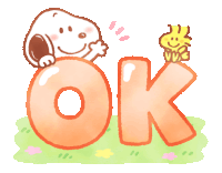 a cartoon illustration of snoopy and woodstock sitting on an ok sign