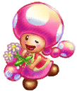 a pink toad is holding a bouquet of flowers in a pink dress .