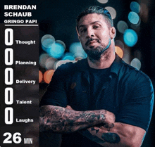 a poster for brendan schaub gringo papi has a man with his arms crossed