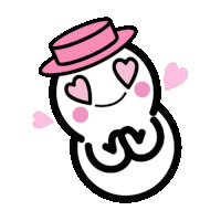 a cartoon of a snowman wearing a pink hat and hearts in his eyes