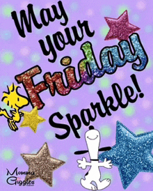 a purple background with snoopy and woodstock on it and the words may your friday sparkle