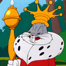 bugs bunny is wearing a king 's robe and crown and holding a torch .