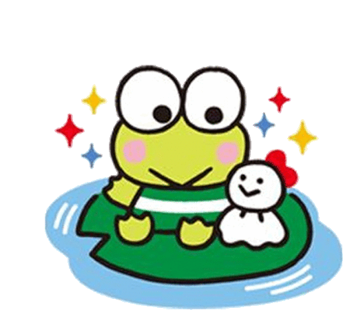 keroppi the frog is sitting on a leaf with a snowman .