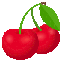 two cherries with green stems and leaves on them