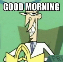 a cartoon man in a suit and tie is holding a book and says `` good morning '' .