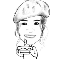 a drawing of a woman wearing a beret and holding a hamburger