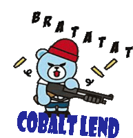 a cartoon of a teddy bear holding a shotgun with the word cobalt lend below him