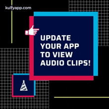 an advertisement for an app that says to update your app to view audio clips