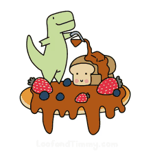 a cartoon of a dinosaur pouring syrup on pancakes