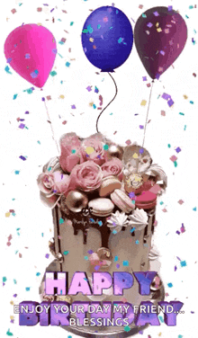 a birthday cake with balloons and confetti says happy birthday