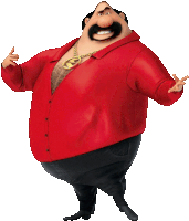 a cartoon character wearing a red shirt and a gold chain