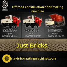 an advertisement for claybrickmakingmachines.com shows three trucks