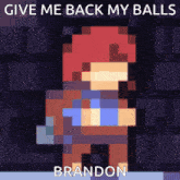 a pixel art of a man with the words " give me back my balls brandon "