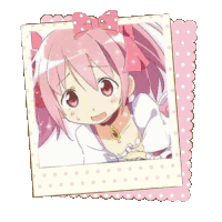 a picture of a girl with pink hair in a frame with polka dots