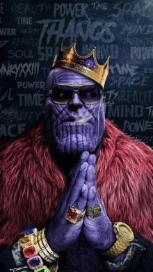 thanos is wearing a fur coat and a crown and smoking a cigarette