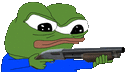 a pixel art of a frog holding a shotgun in his hand .